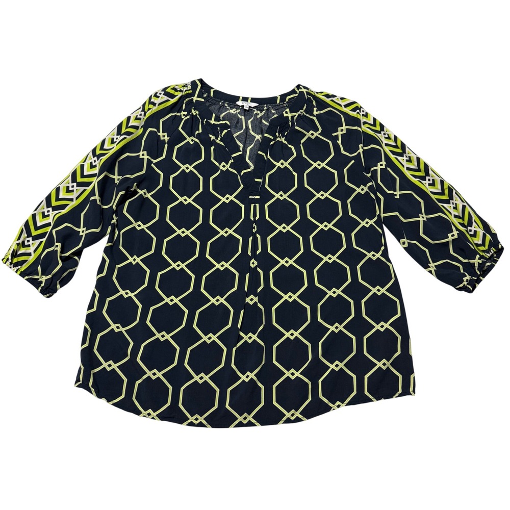 Crown & Ivy Blouse Navy Lime Green Geometric Print 3/4 Sleeve Top Large Preppy